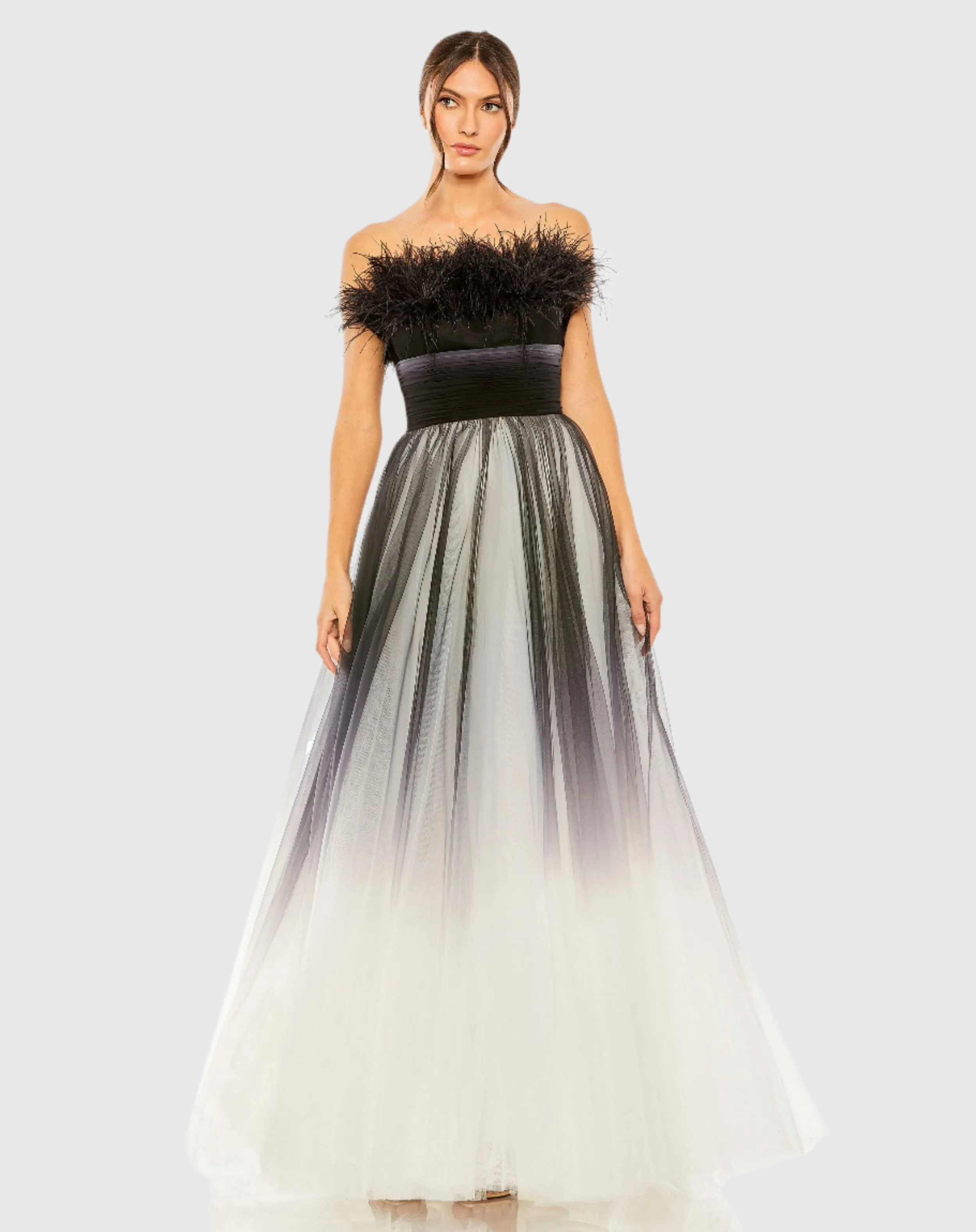 Black Ombre Strapless Feather Bodice Tulle Gown sold by Mac Duggal