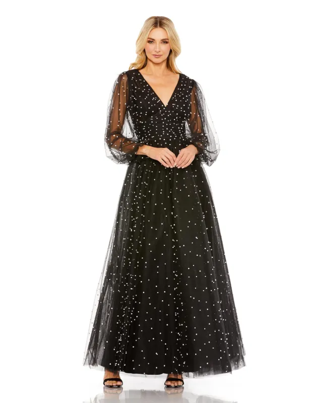 Black Long Sheer Sleeve Draped Pearl Beaded Gown sold by Mac Duggal