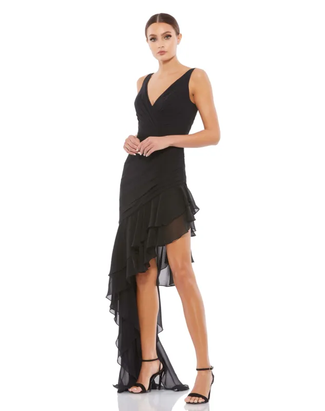 Black Asymmetrical Ruffled V-Neck Chiffon Dress sold by Mac Duggal
