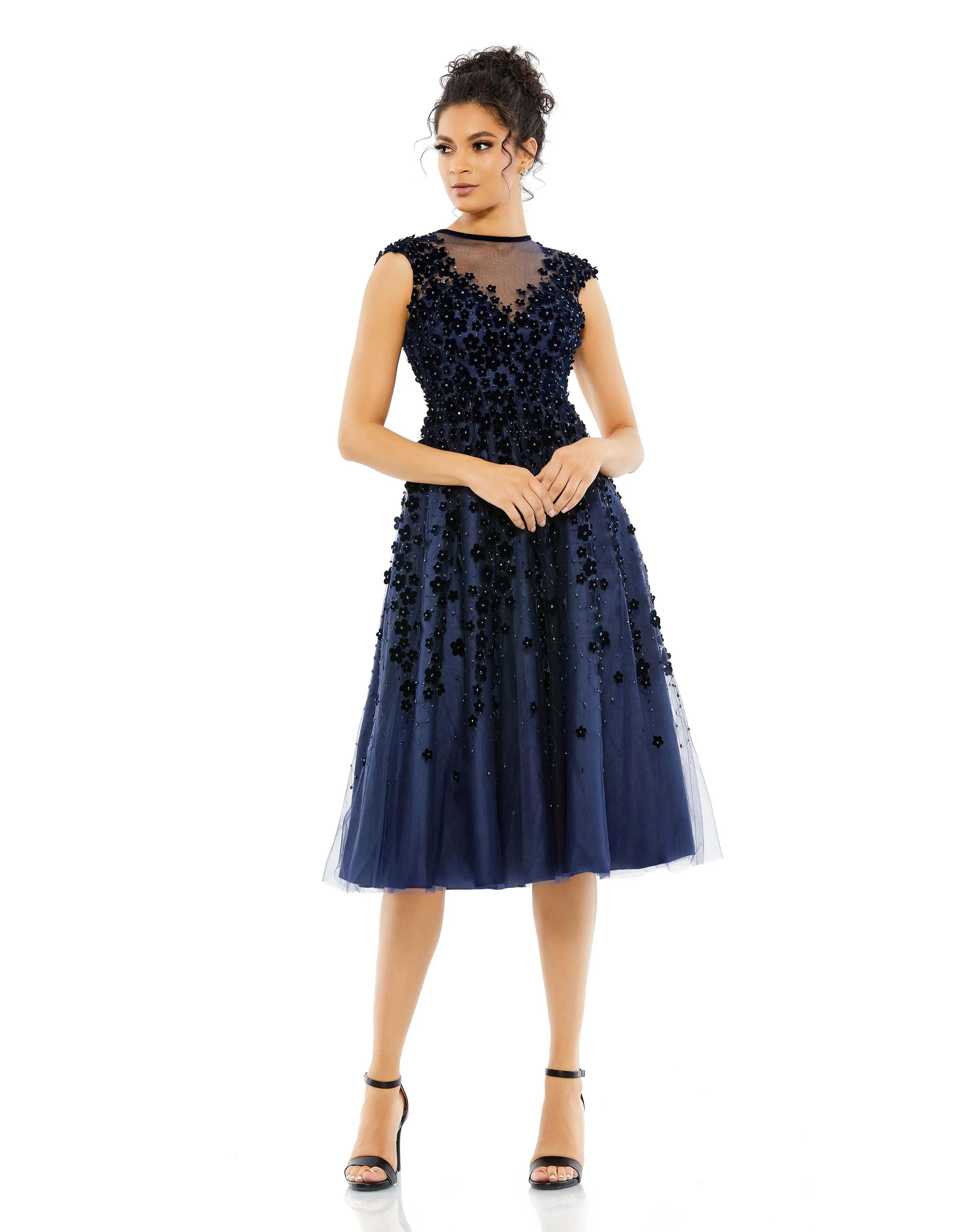 Navy Embellished Illusion High Neck Cap Sleeve Midi Dress sold by Mac Duggal