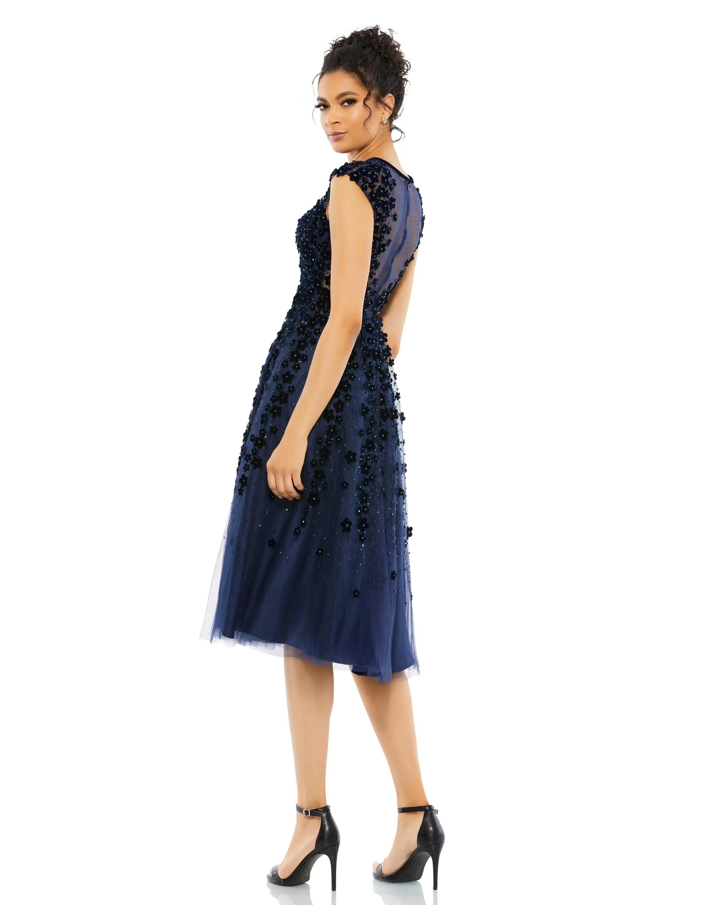Navy Embellished Illusion High Neck Cap Sleeve Midi Dress sold by Mac Duggal product image thumbnail 3