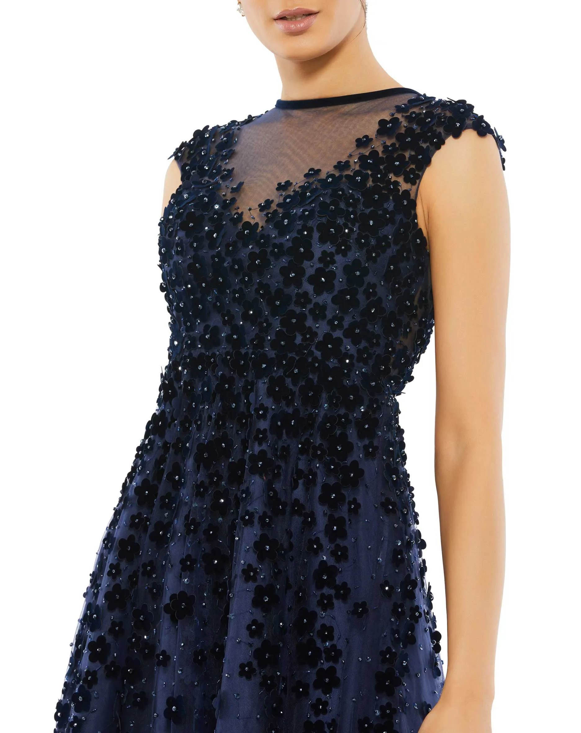 Navy Embellished Illusion High Neck Cap Sleeve Midi Dress sold by Mac Duggal product image thumbnail 2