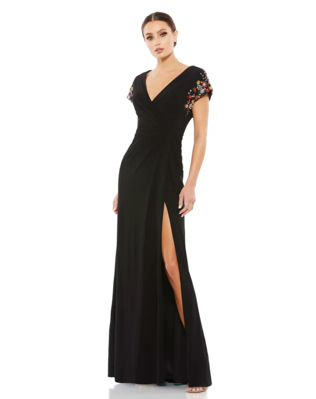 Black Embellished Sleeve Jersey Wrap Gown sold by Mac Duggal