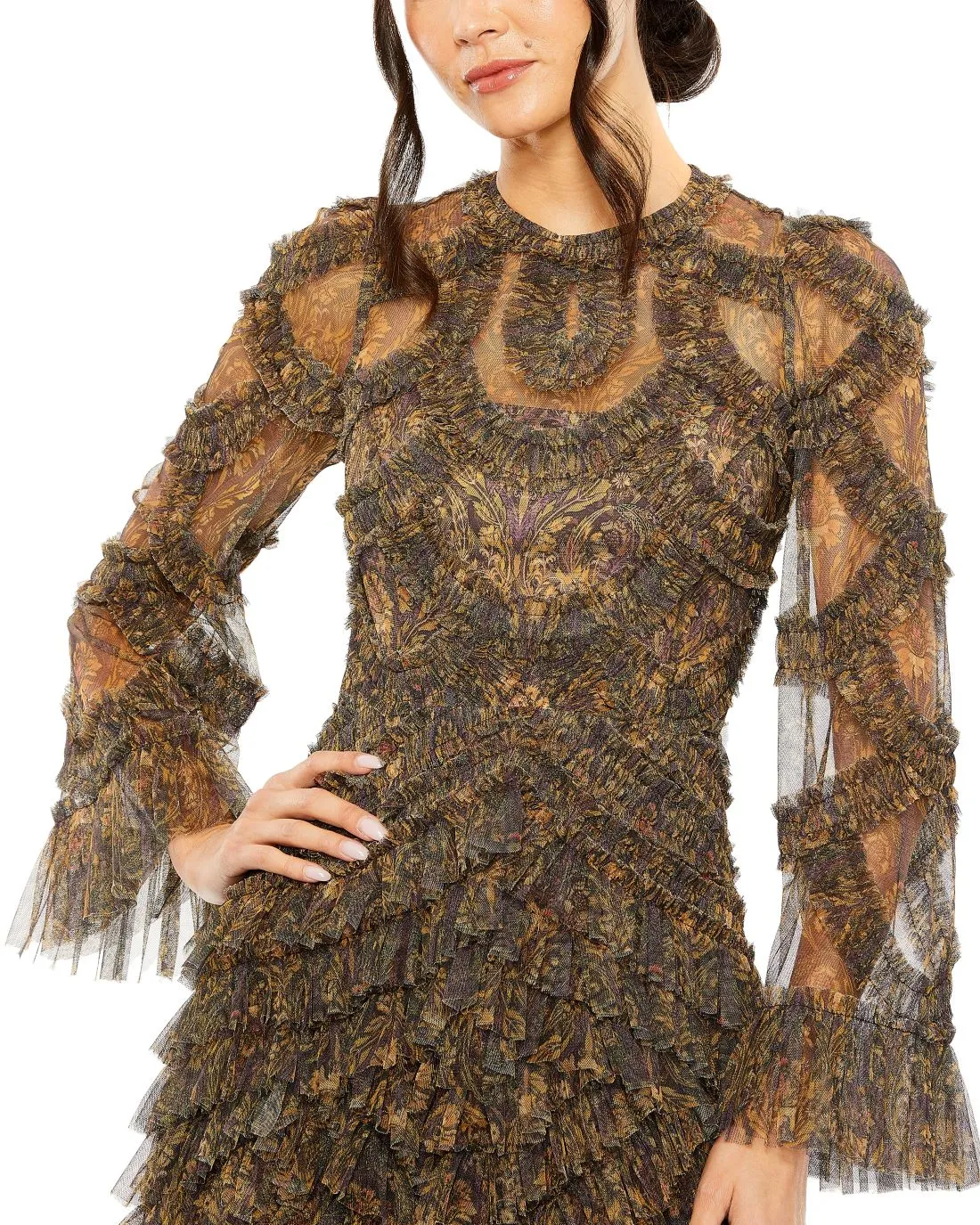 Brown Long Flutter Sleeve Ruffle Tiered Gown sold by Mac Duggal product image thumbnail 2