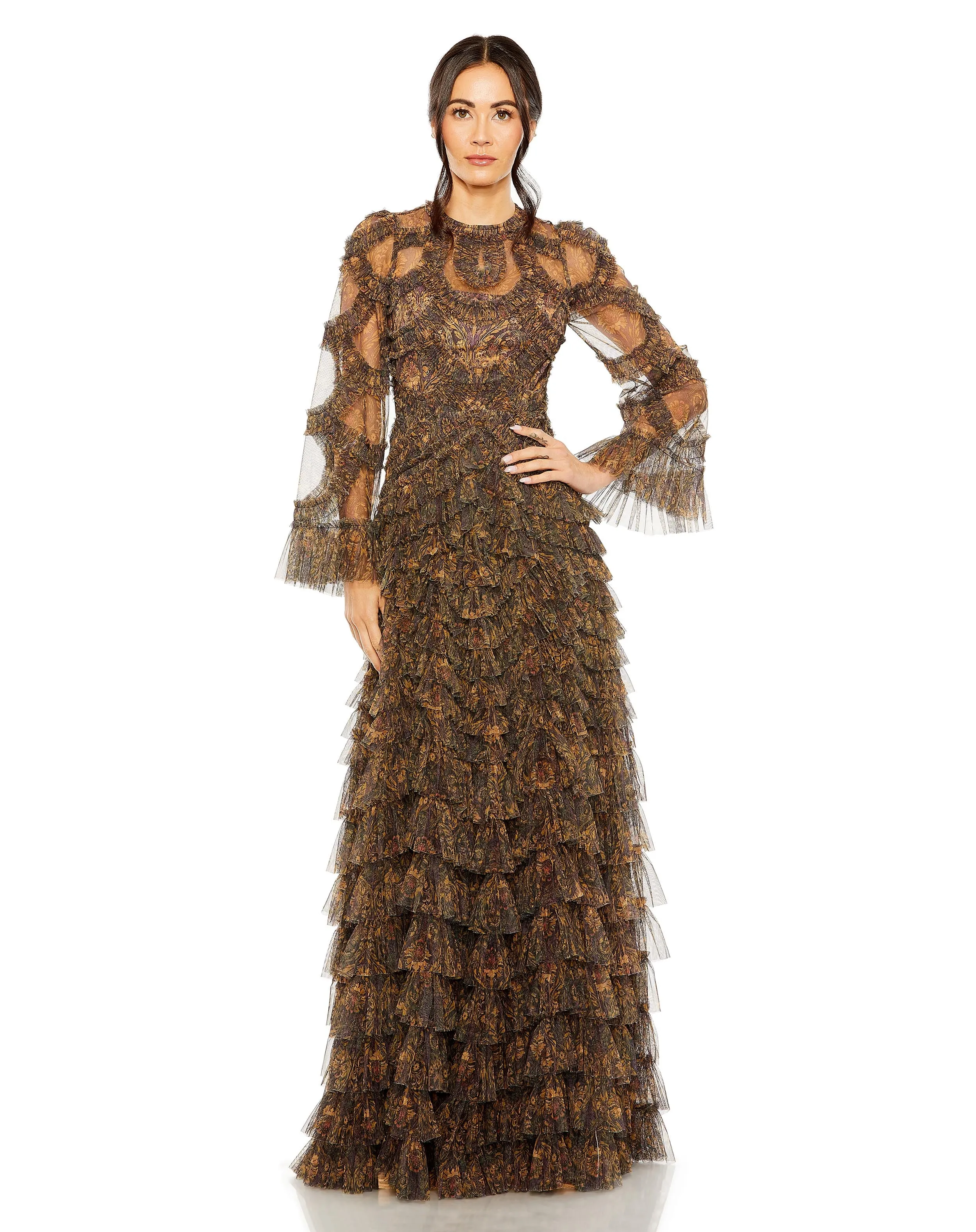 Brown Long Flutter Sleeve Ruffle Tiered Gown sold by Mac Duggal
