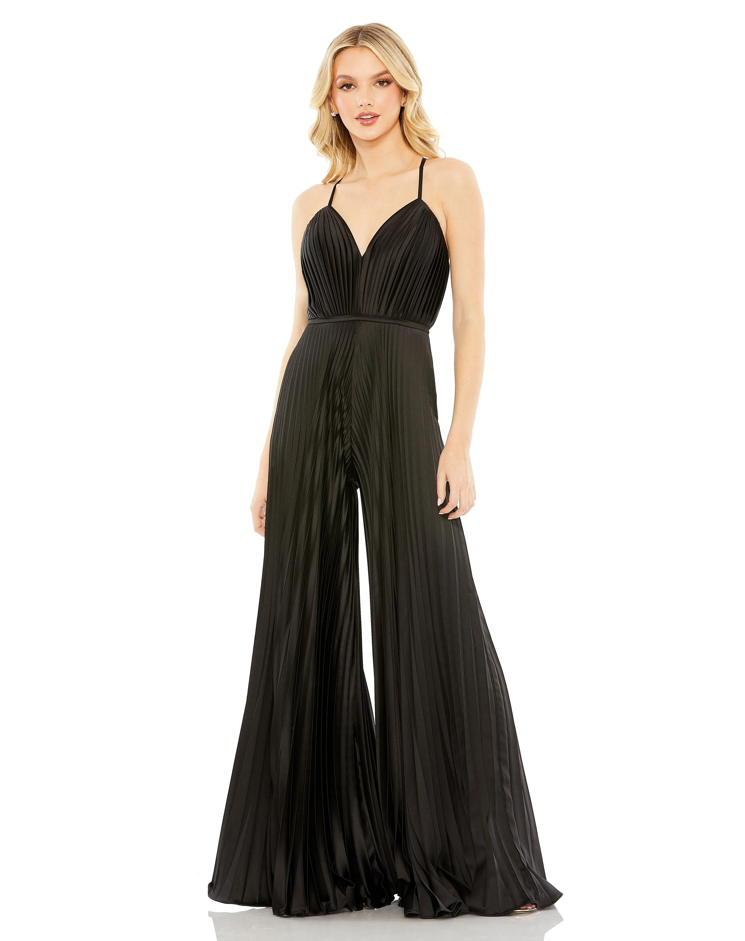 Dark Blue Pleated Plunge Neck Wide Leg Jumpsuit sold by Mac Duggal