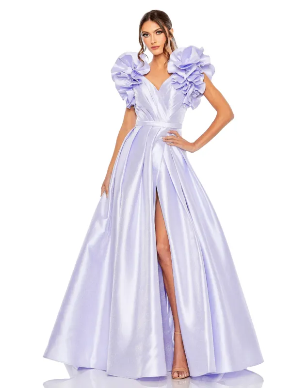 Purple Flutter Sleeve V-Neck Ballgown with Slit sold by Mac Duggal