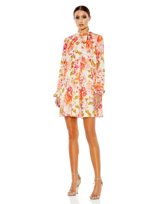 Orange Floral Print High Neck Tie Puff Sleeve Flowy Mini Dress sold by Mac Duggal