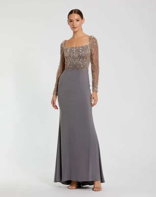 Gray Beaded Square Neck Long Sleeve Jersey Gown sold by Mac Duggal