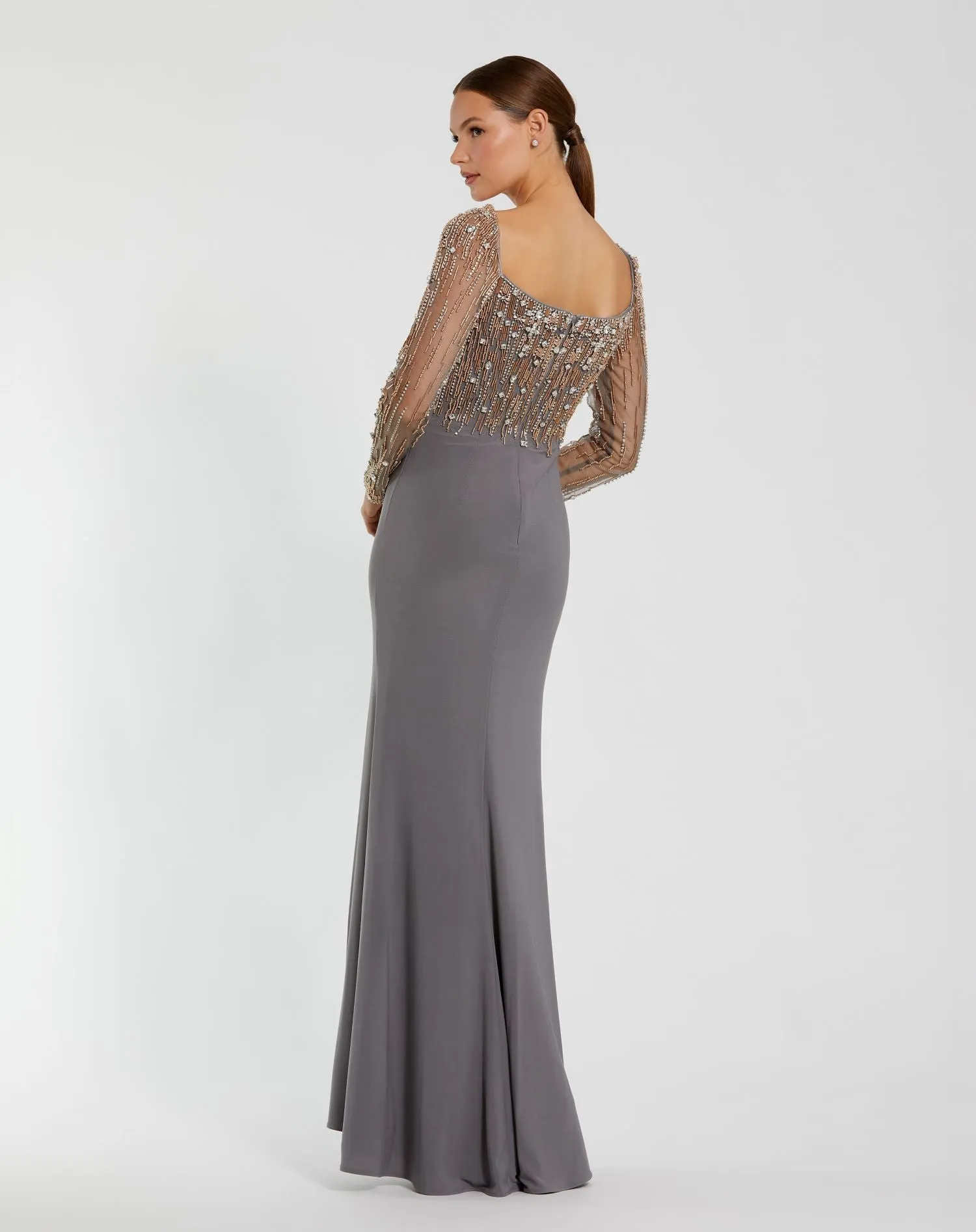 Gray Beaded Square Neck Long Sleeve Jersey Gown sold by Mac Duggal product image thumbnail 3