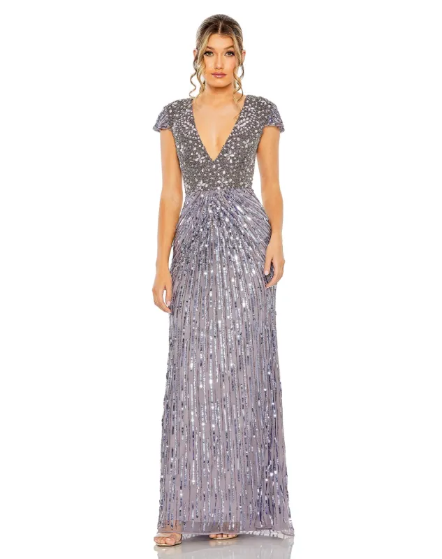 Purple V Neck Cap Sleeve Hand Embellished Gown sold by Mac Duggal