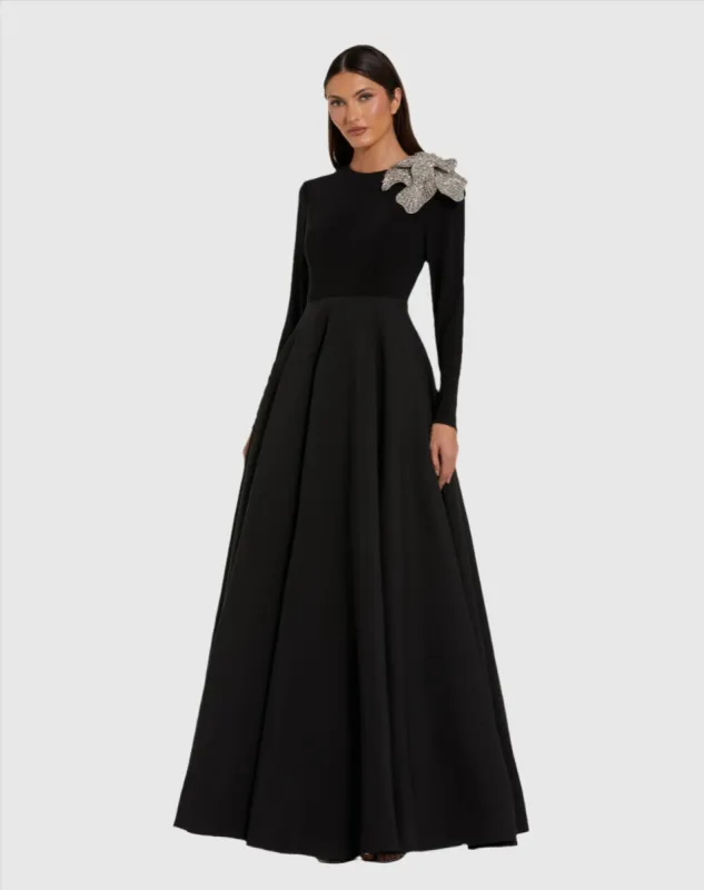 Black Long Sleeve Taffeta Ballgown with 3D Rhinestone Flower sold by Mac Duggal