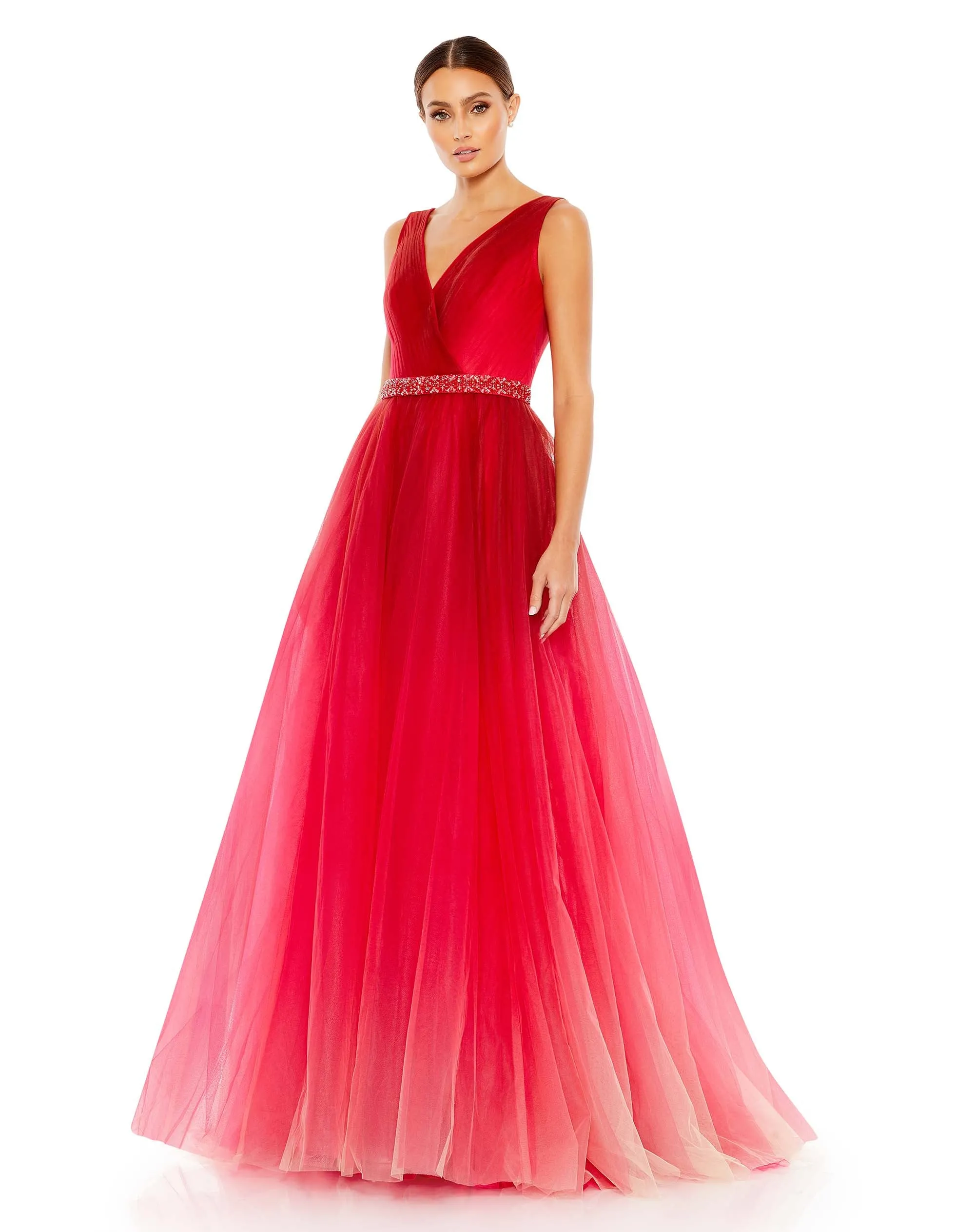 Red Beaded Belt Wrap Over Sleeveless Ballgown - FINAL SALE sold by Mac Duggal