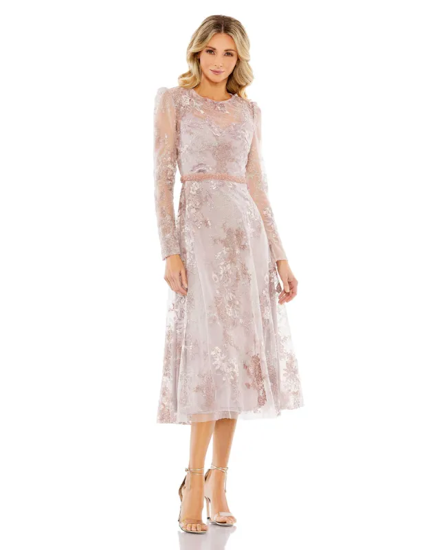 Embellished Illusion Long Sleeve Midi Dress sold by Mac Duggal