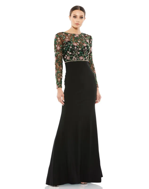 Black Beaded Illusion High Neck Trumpet Gown sold by Mac Duggal