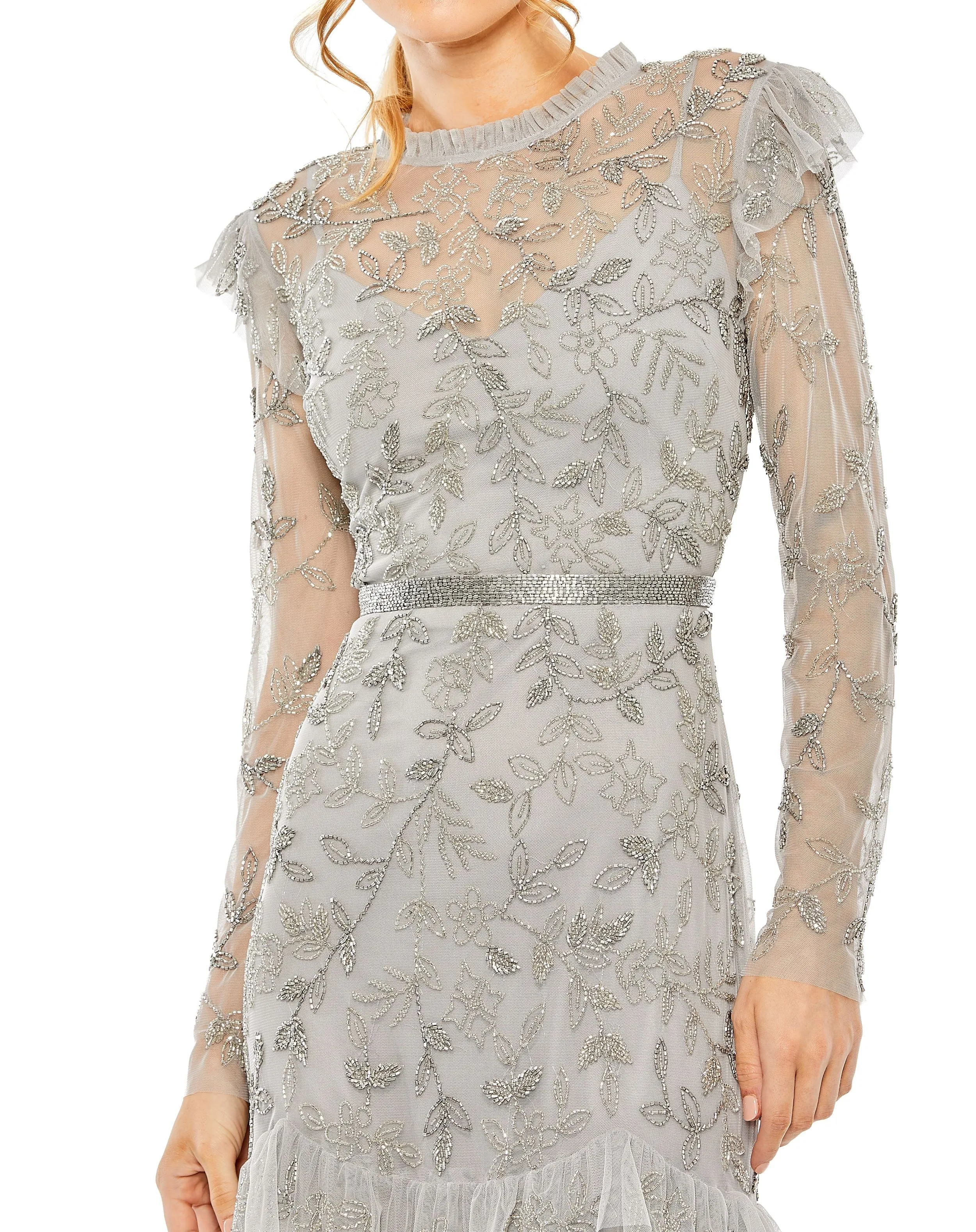 Pink High Neck Flutter Cap Long Sleeve Tiered Embellished Gown sold by Mac Duggal product image thumbnail 2