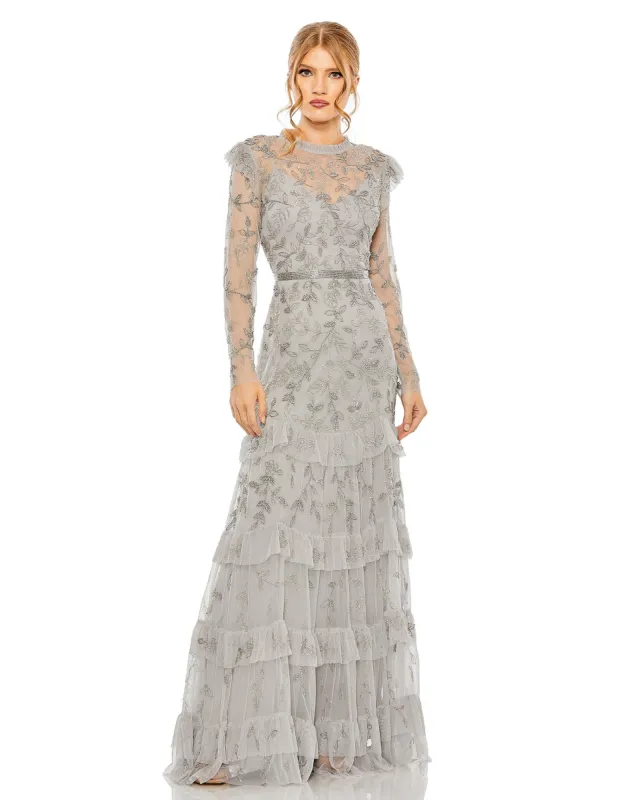 Pink High Neck Flutter Cap Long Sleeve Tiered Embellished Gown sold by Mac Duggal