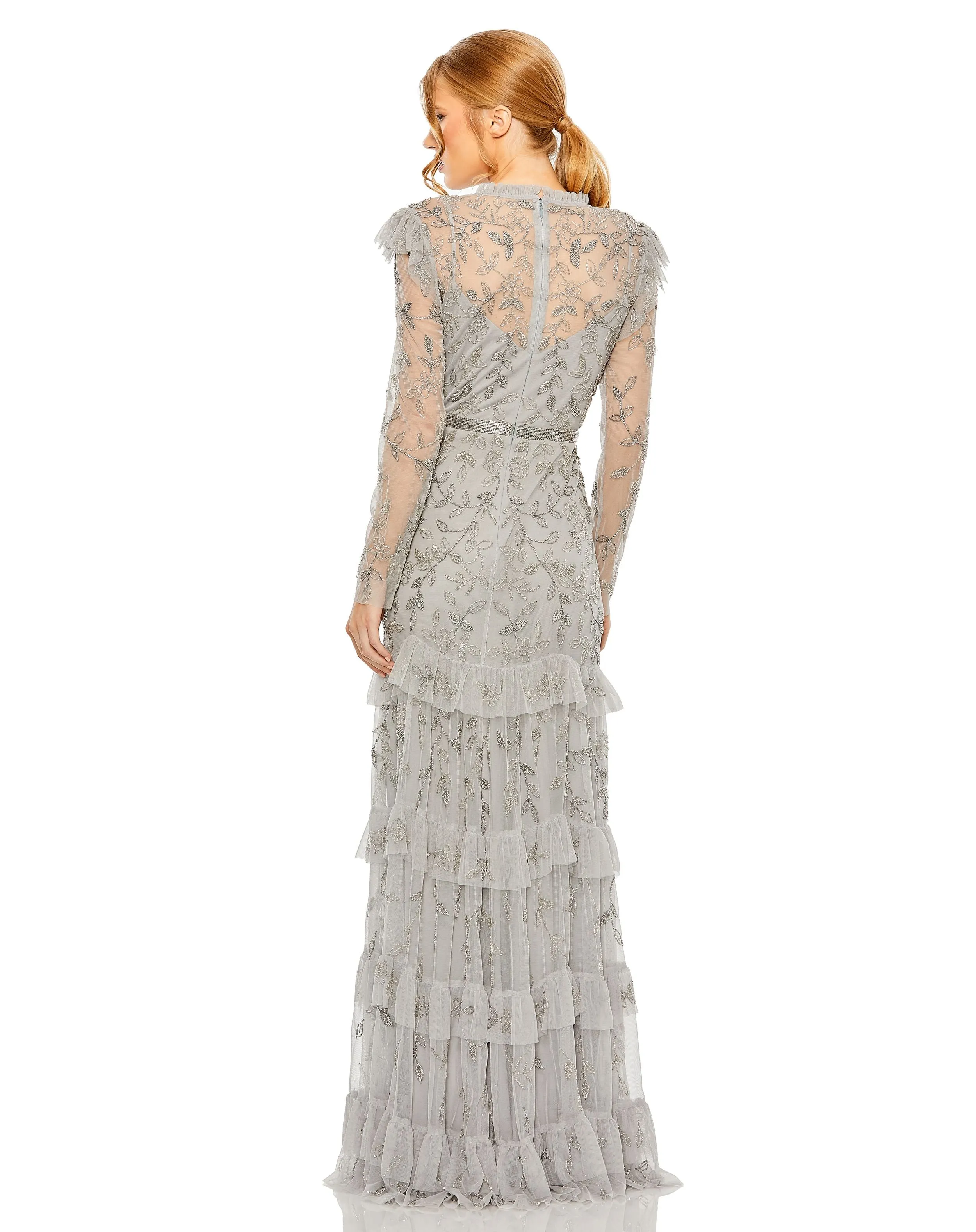 Pink High Neck Flutter Cap Long Sleeve Tiered Embellished Gown sold by Mac Duggal product image thumbnail 3