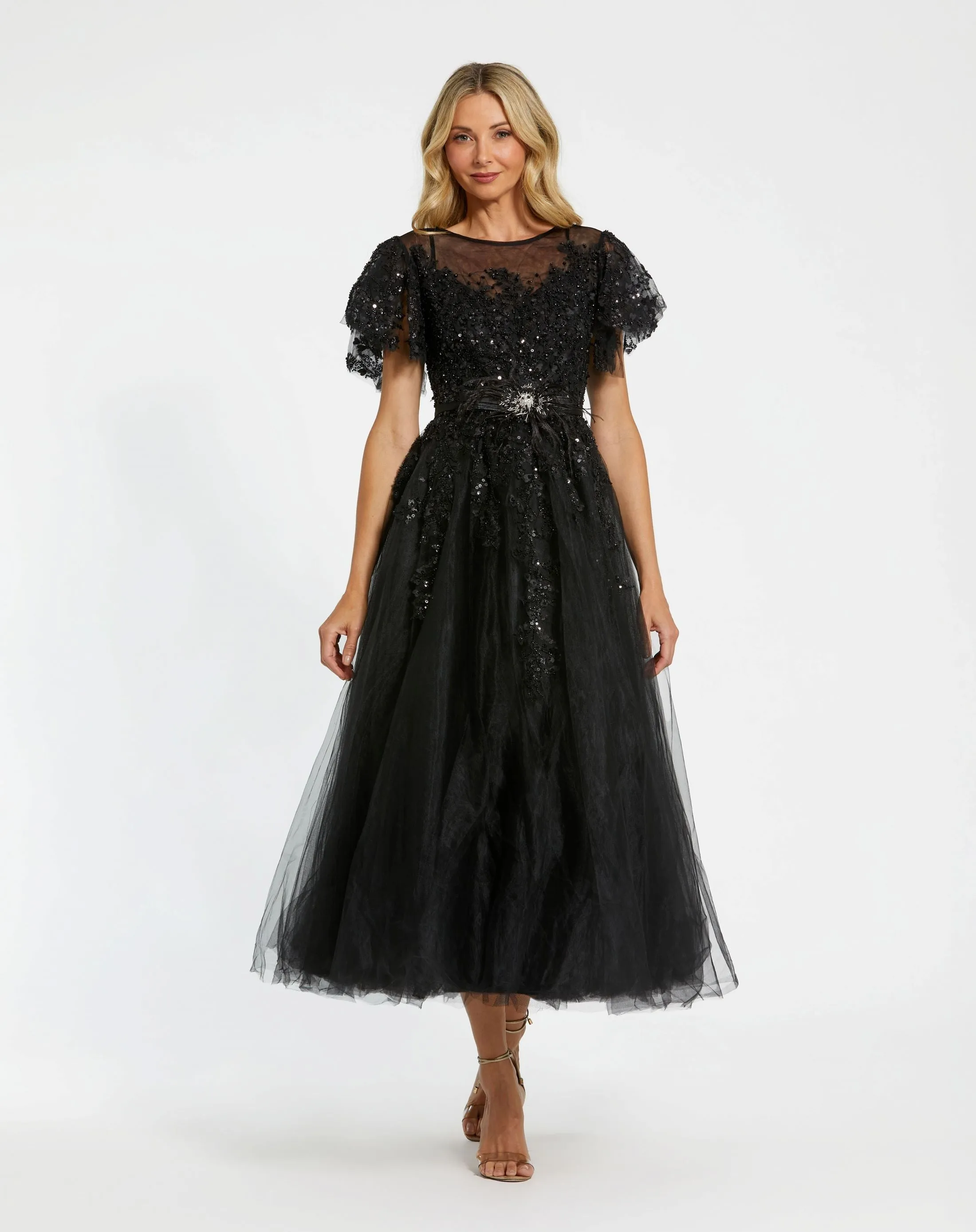 Black Embellished Flutter Sleeve Bow Waist A Line Dress sold by Mac Duggal product image thumbnail 4