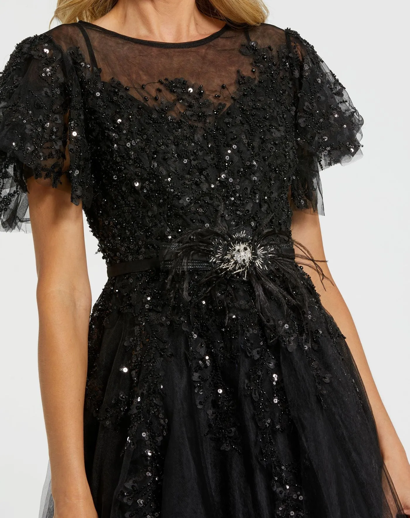 Black Embellished Flutter Sleeve Bow Waist A Line Dress sold by Mac Duggal product image thumbnail 5