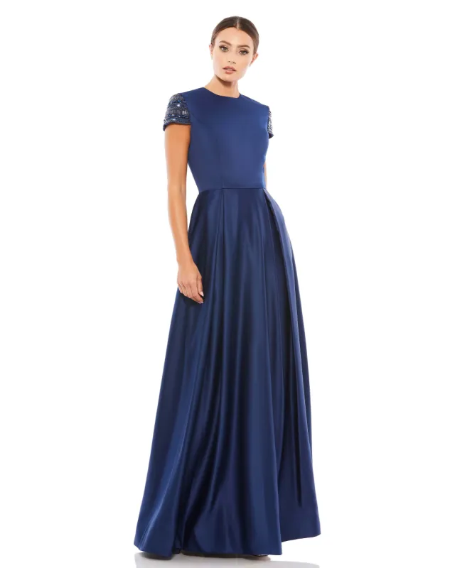 Navy Hand-Beaded Cap Sleeve A-Line Gown made by Mac Duggal