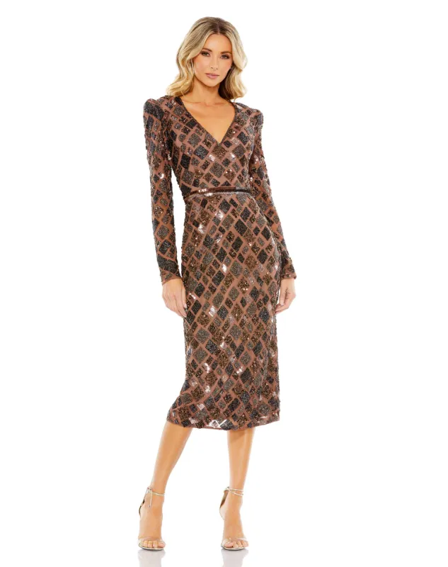 Brown Geo Embellished Midi Sheath Dress sold by Mac Duggal