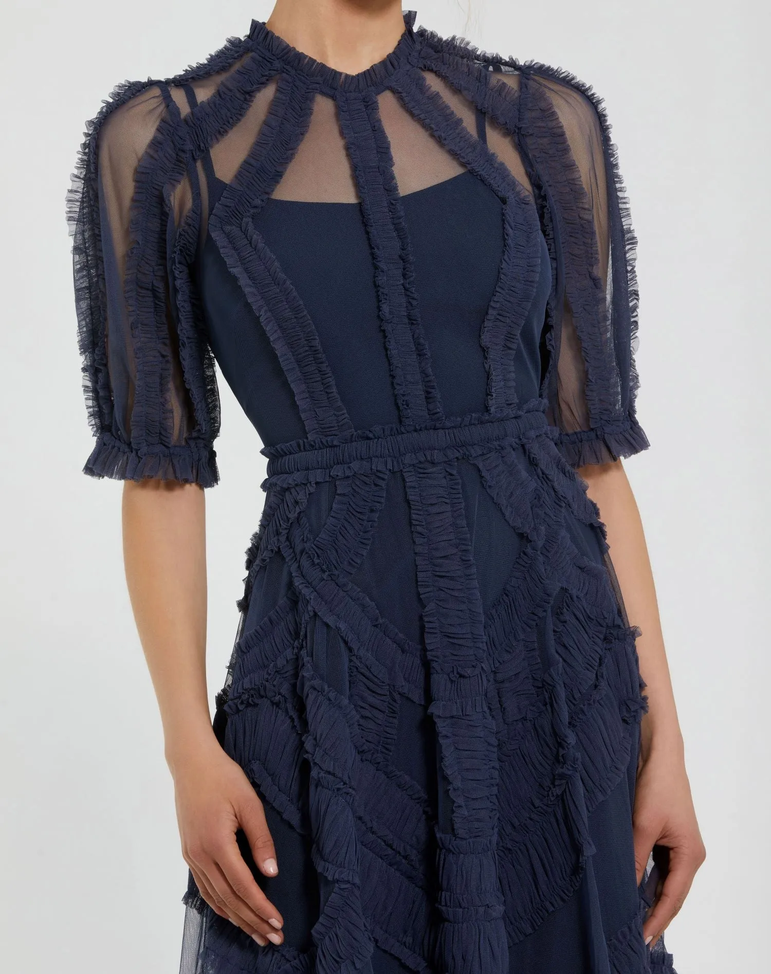 Navy High Neck Ruffle Tiered A-Line Midi Dress sold by Mac Duggal product image thumbnail 2