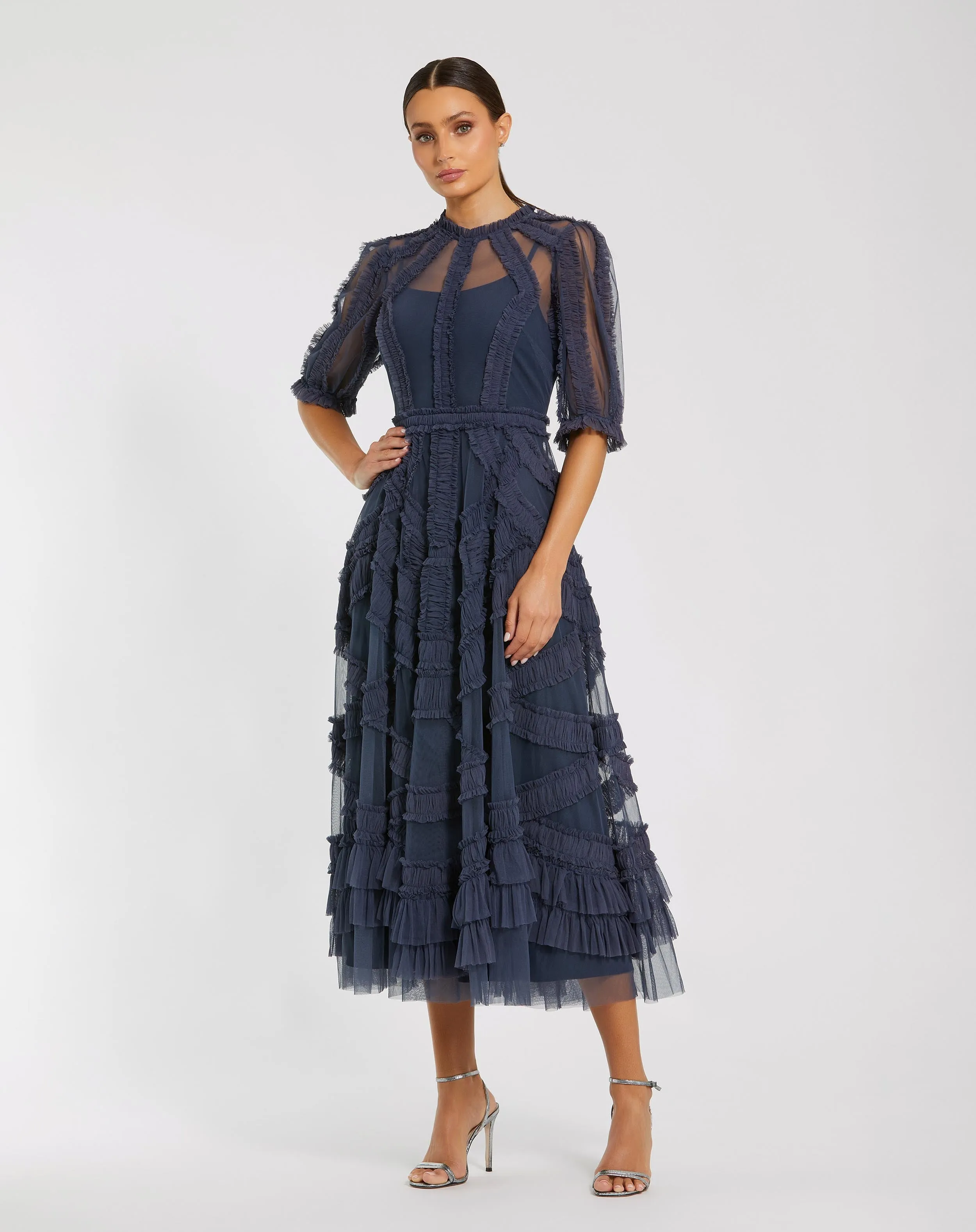 Navy High Neck Ruffle Tiered A-Line Midi Dress sold by Mac Duggal