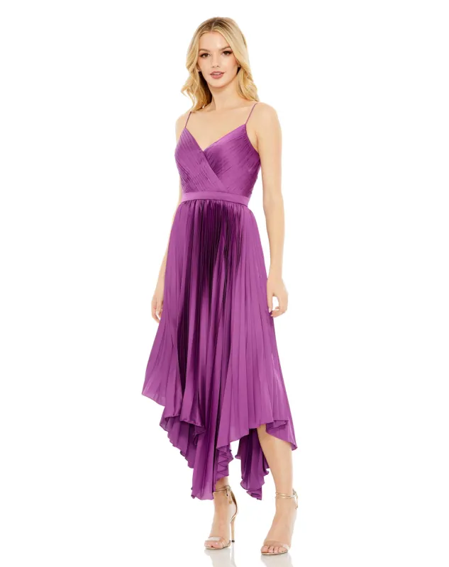 Purple Pleated Satin Flowy Midi Dress sold by Mac Duggal