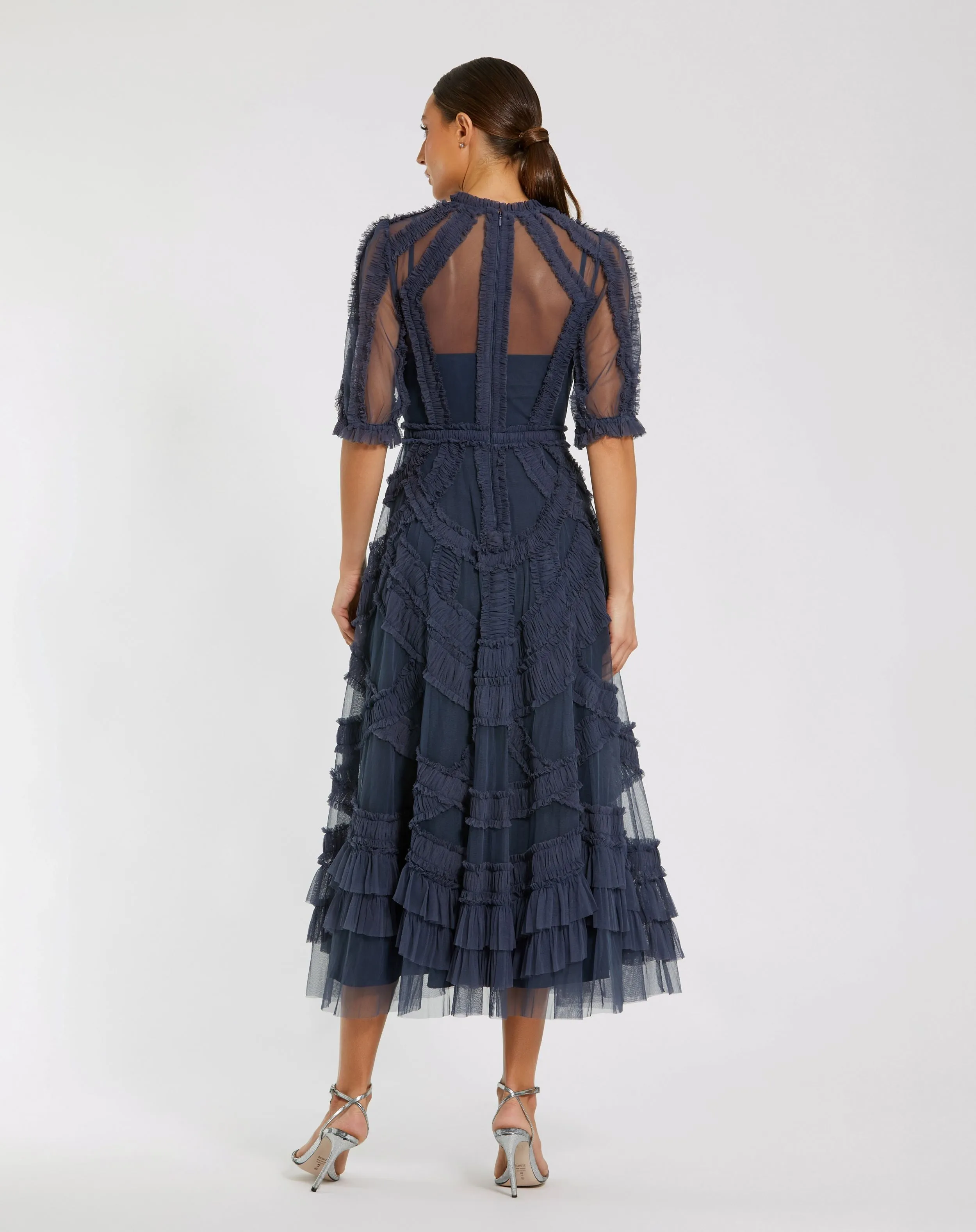 Navy High Neck Ruffle Tiered A-Line Midi Dress sold by Mac Duggal product image thumbnail 3