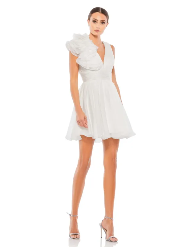 White Ruffle V Neck Fit & Flare Mini Dress sold by Mac Duggal