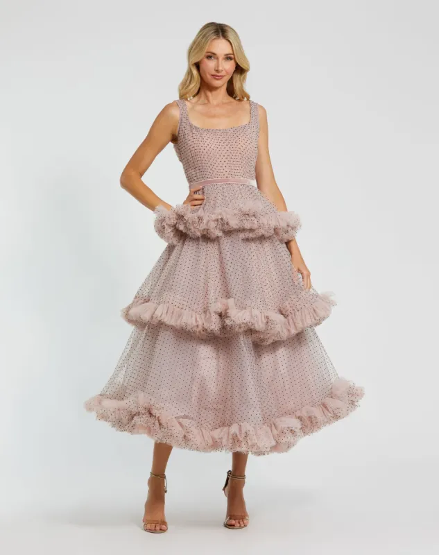 Pink Sleeveless Dot Net Ruffle Dress sold by Mac Duggal