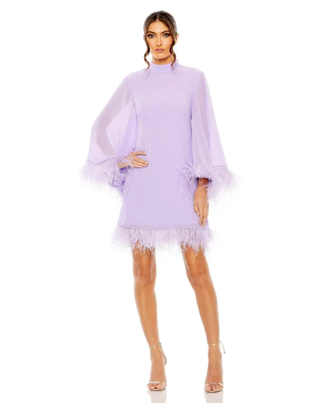 Purple High Neck Long Sleeve Mini Dress with Feather Trim sold by Mac Duggal