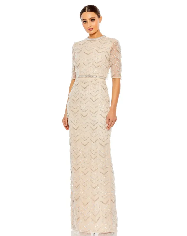 Beige Beaded Fringe Quarter Sleeve Column Gown sold by Mac Duggal