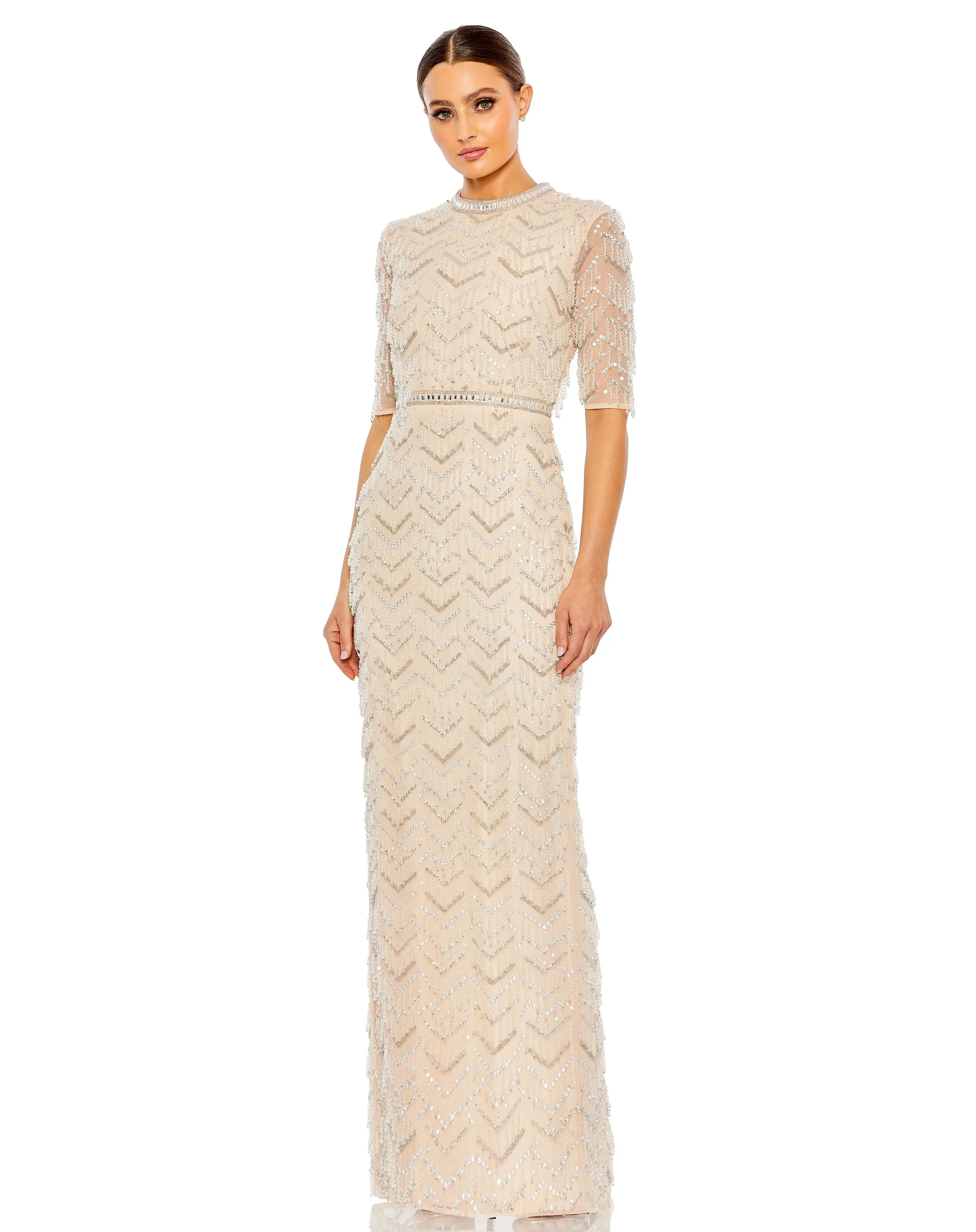 Beige Beaded Fringe Quarter Sleeve Column Gown sold by Mac Duggal