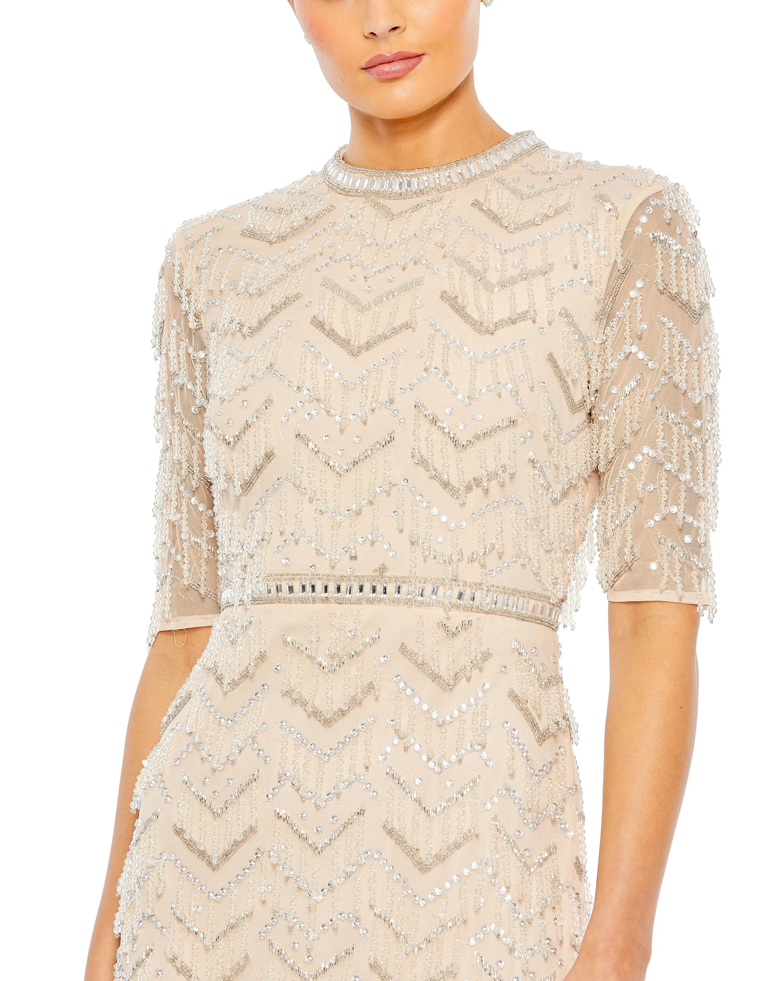 Beige Beaded Fringe Quarter Sleeve Column Gown sold by Mac Duggal product image thumbnail 2