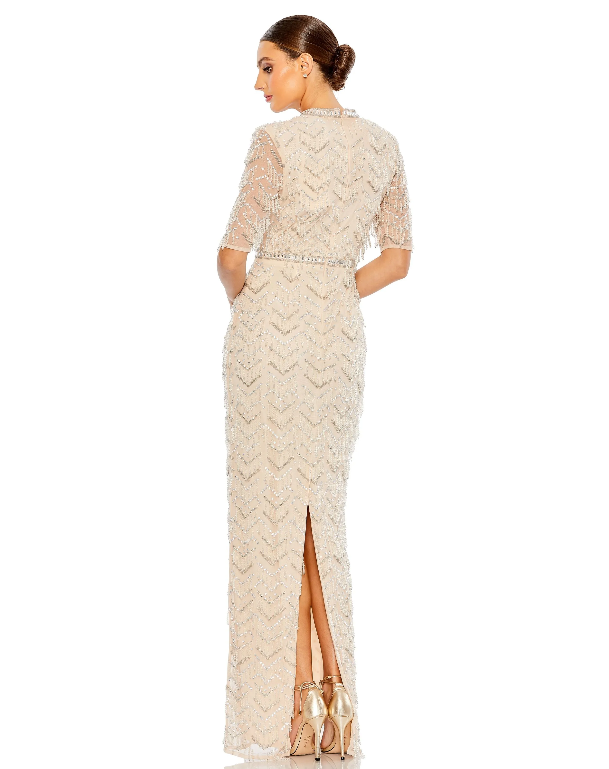 Beige Beaded Fringe Quarter Sleeve Column Gown sold by Mac Duggal product image thumbnail 3