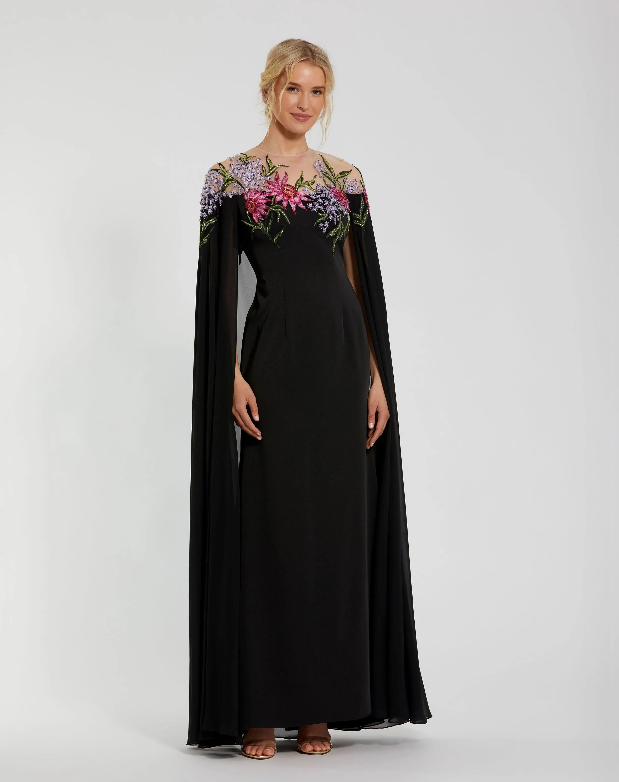 Black Sheer Cape Gown with Beaded Embroidery sold by Mac Duggal