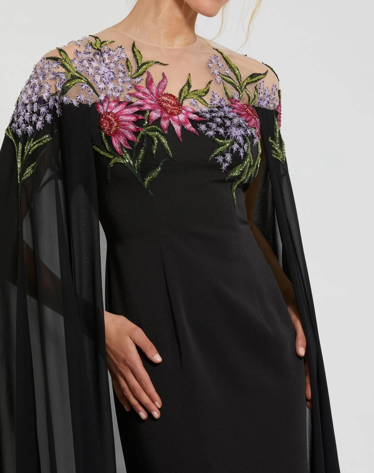 Black Sheer Cape Gown with Beaded Embroidery sold by Mac Duggal product image thumbnail 2