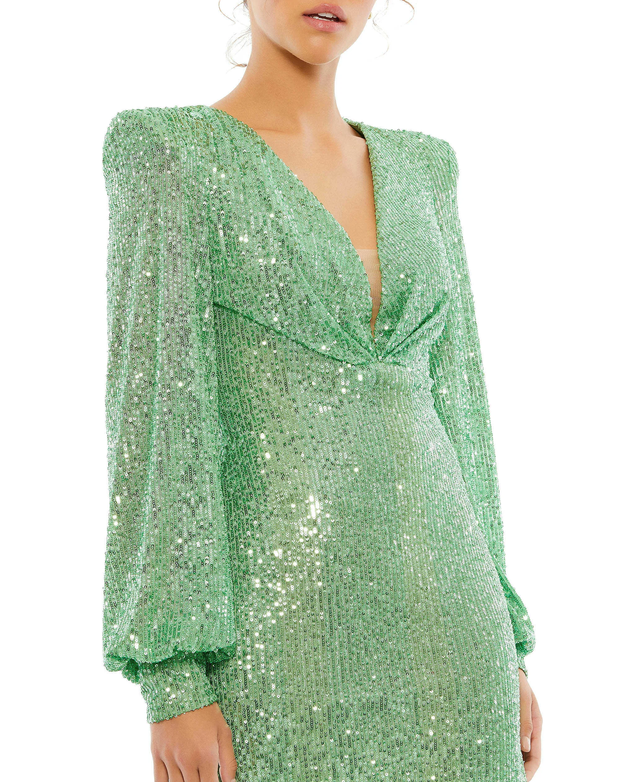 Green Sequined Structured Bishop Sleeve Mini Dress sold by Mac Duggal product image thumbnail 2