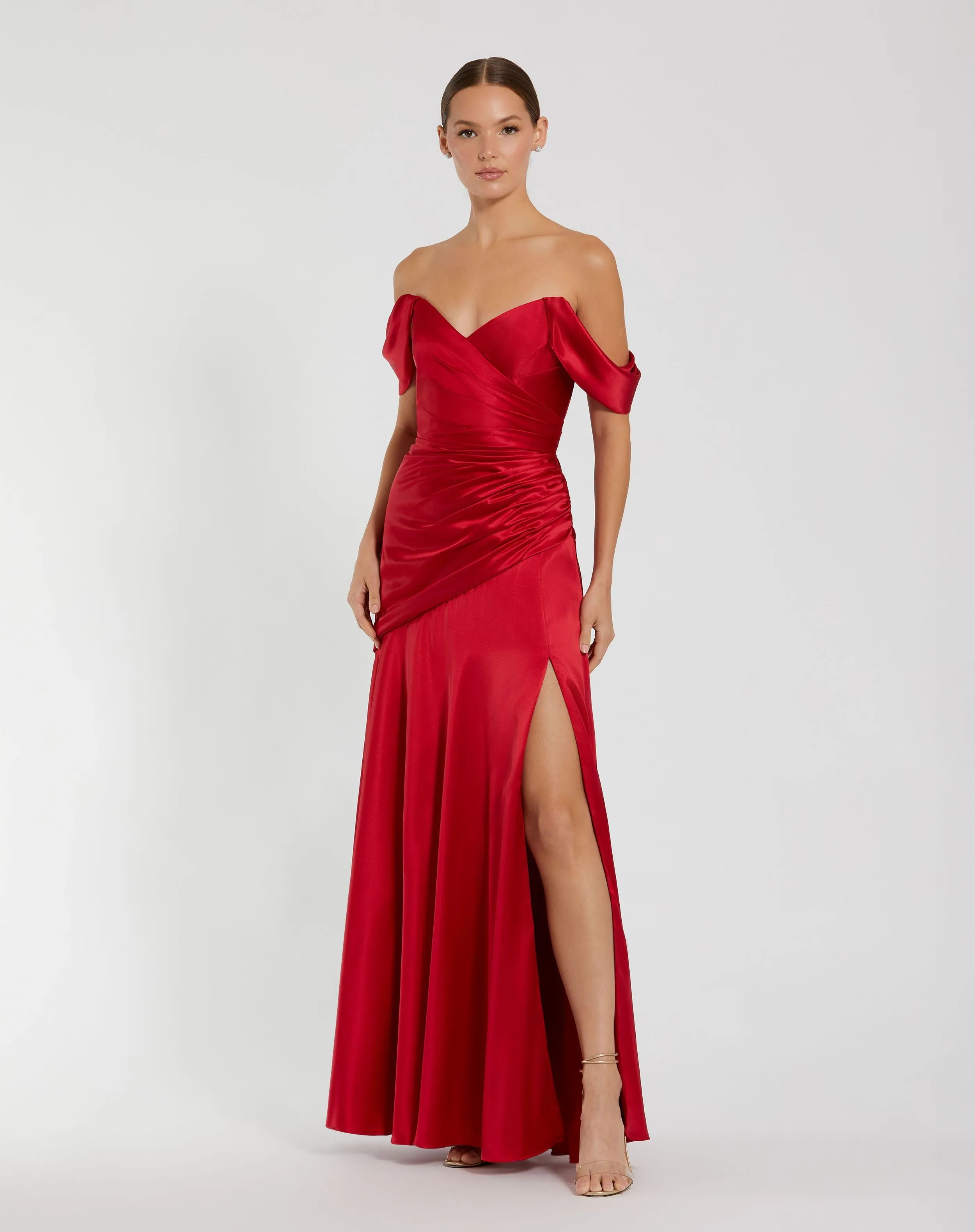 Red Satin Off The Shoulder Crossover Gown sold by Mac Duggal