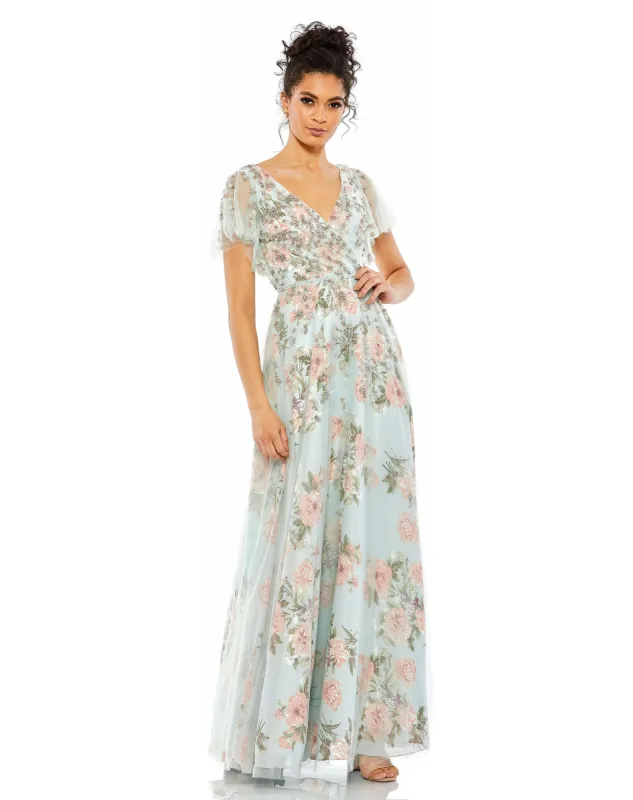 Blue Floral Flutter Sleeve V-Neck Maxi Dress made by Mac Duggal