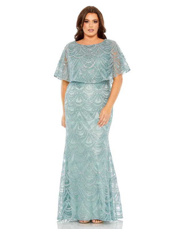 Beige High Neck Embellished Column Dress With Cape (Plus) sold by Mac Duggal