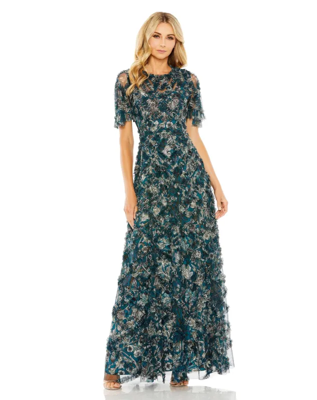 Blue Flutter Sleeve Floral Ruffle Detail Maxi Dress sold by Mac Duggal