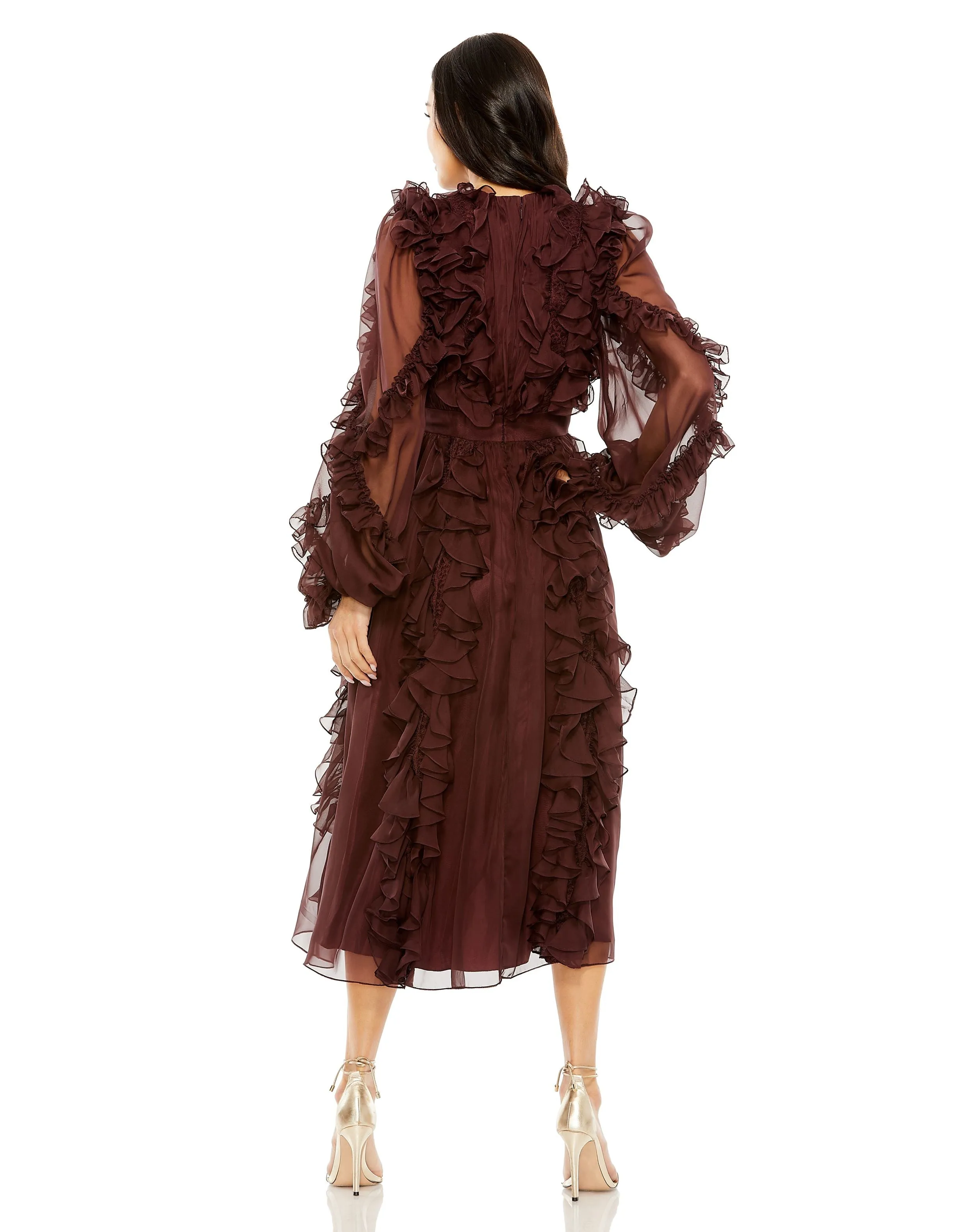 High Neck Ruffle Detail Long Puff Sleeve Dress | Sample | Sz. 2 sold by Mac Duggal product image thumbnail 2