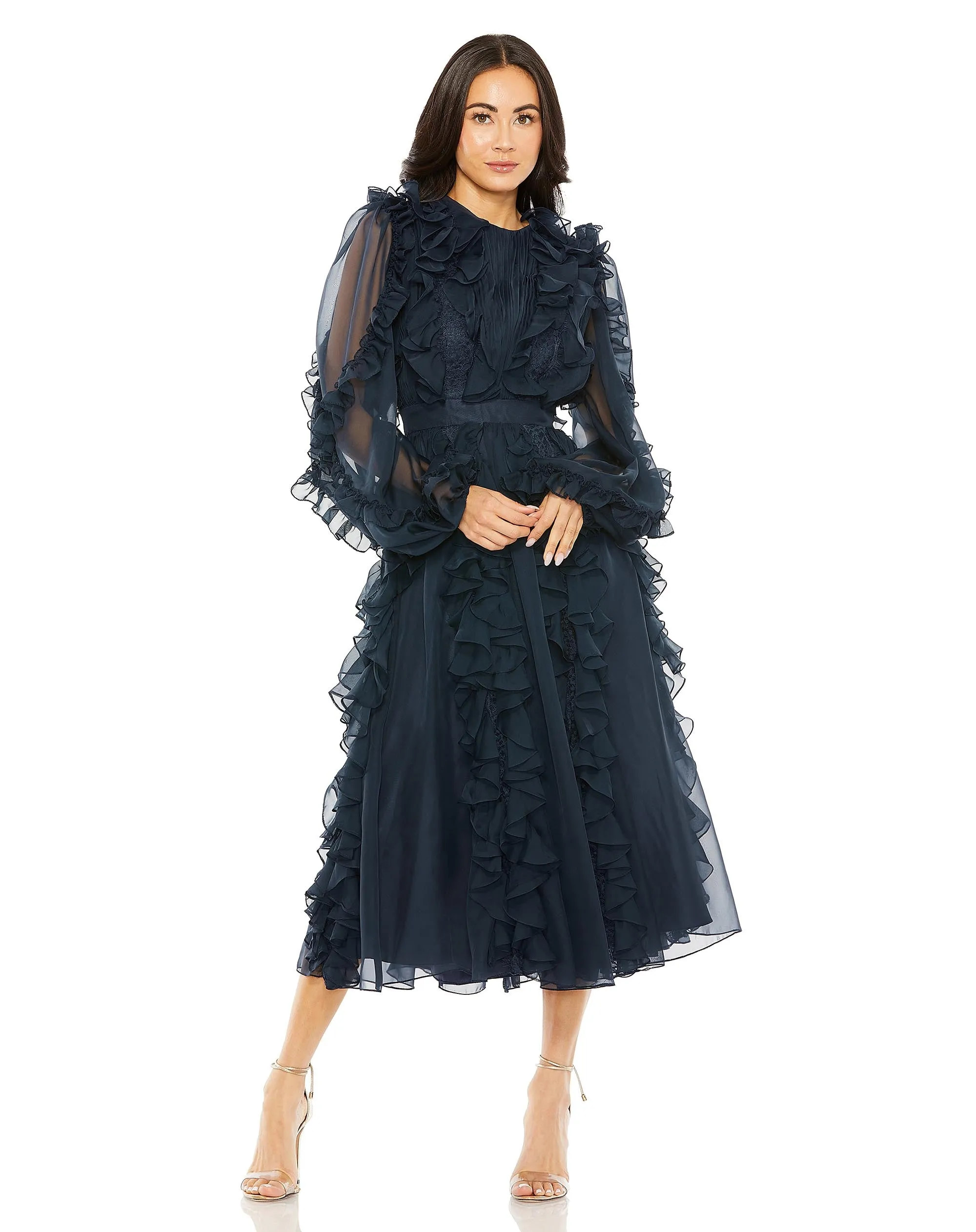 High Neck Ruffle Detail Long Puff Sleeve Dress | Sample | Sz. 2 sold by Mac Duggal product image thumbnail 4