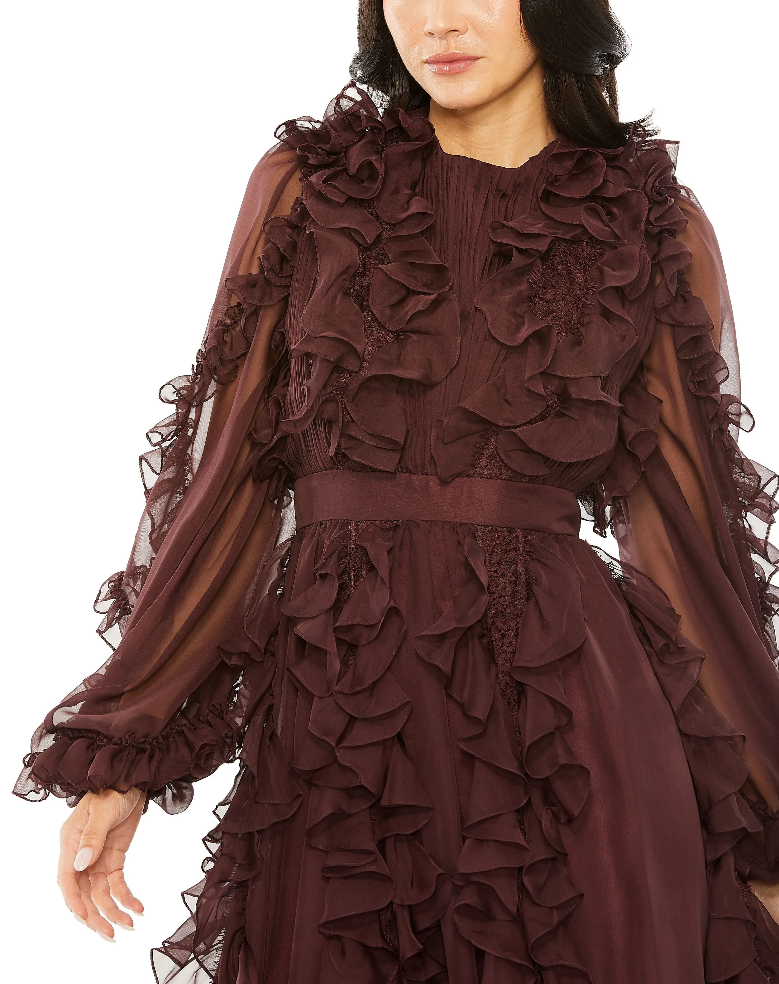 High Neck Ruffle Detail Long Puff Sleeve Dress | Sample | Sz. 2 sold by Mac Duggal product image thumbnail 3
