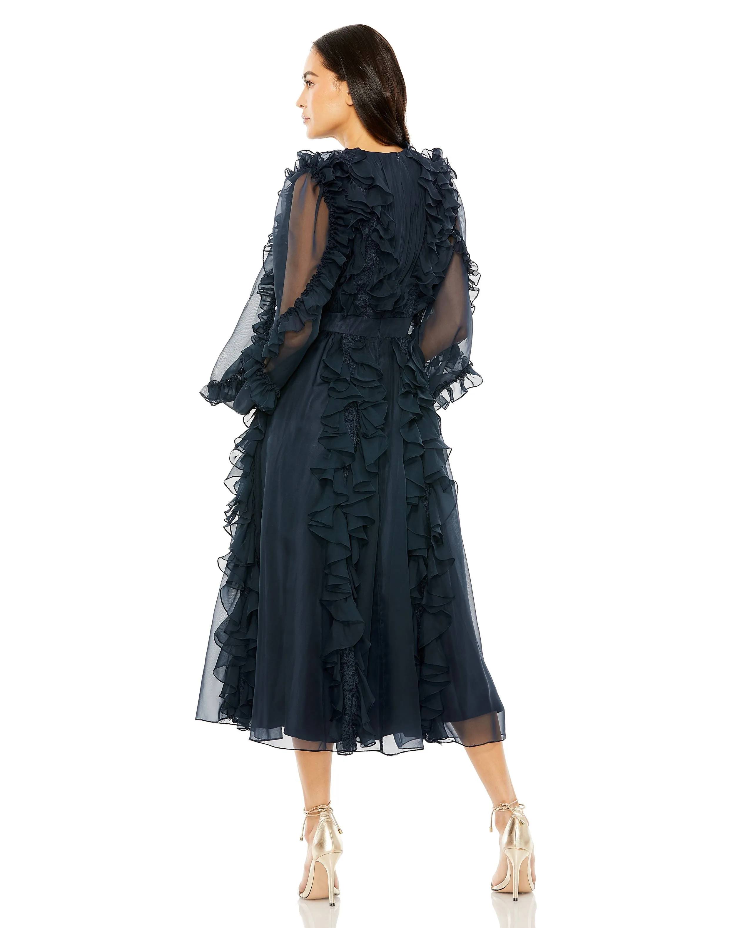 High Neck Ruffle Detail Long Puff Sleeve Dress | Sample | Sz. 2 sold by Mac Duggal product image thumbnail 5