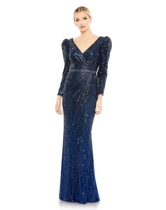 Sequined V Neck Puff Sleeve Gown sold by Mac Duggal
