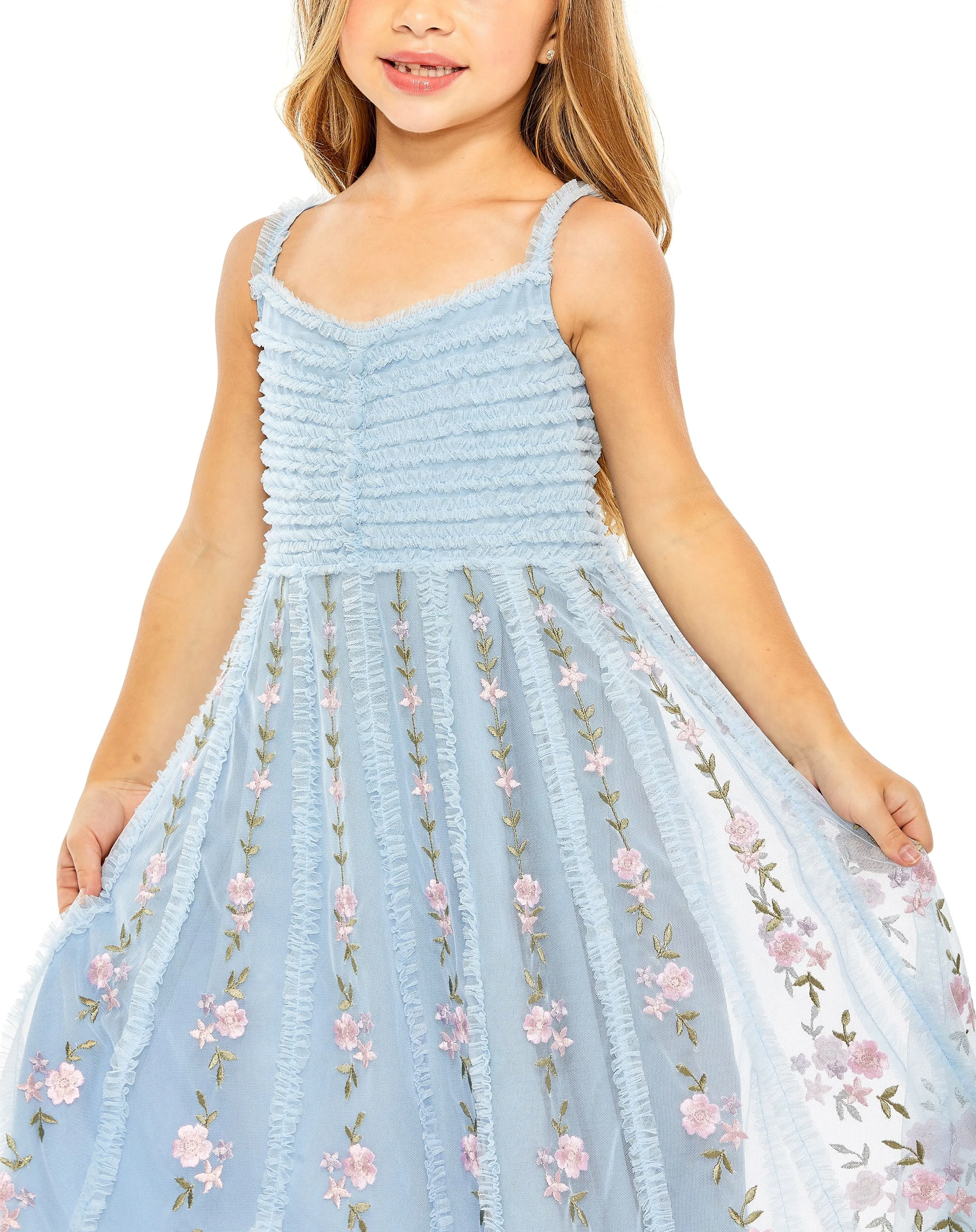 Girls Light Blue Ruffle Floral Embroidered Detail Mini Dress sold by Mac Duggal product image thumbnail 3